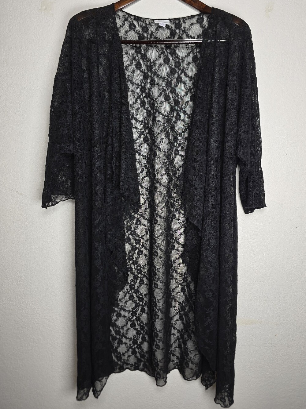 LuLaRoe Shirley Black Lace Kimono Cardigan Size L Whimsy Sheer Floral Duster